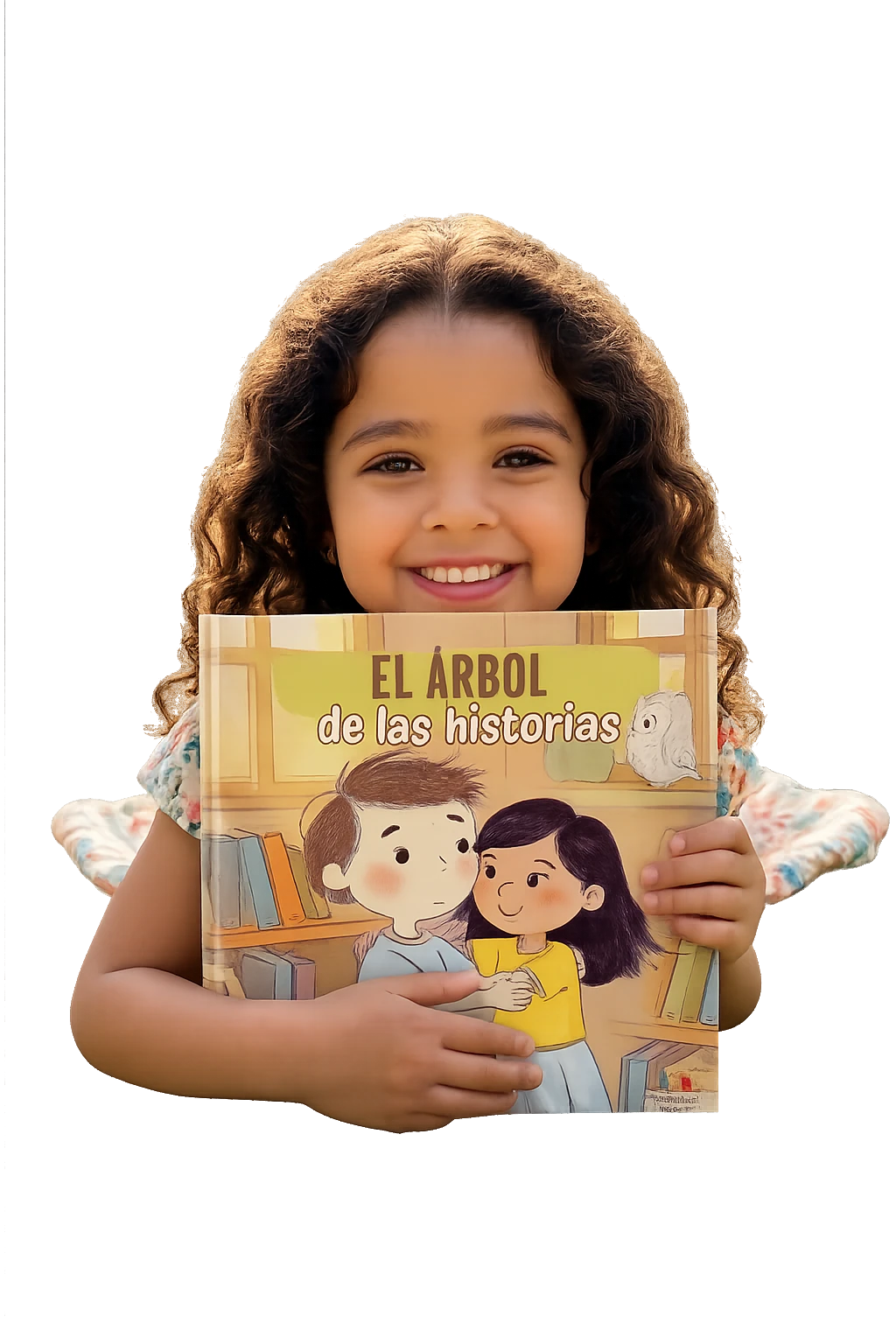 Niña sonriendo con cuento Rasti